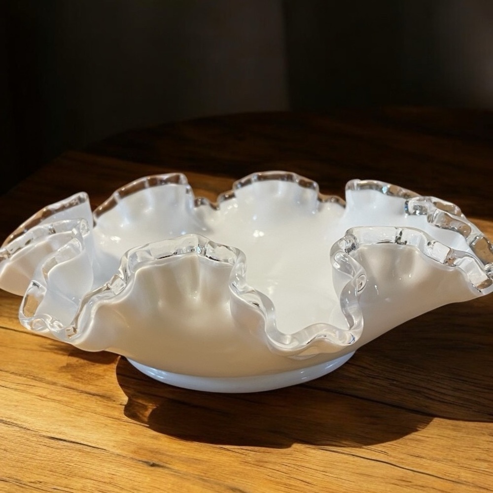 Fenton Silver Crest, double crimped ruffle edge milk glass bowl, 9 inches wide